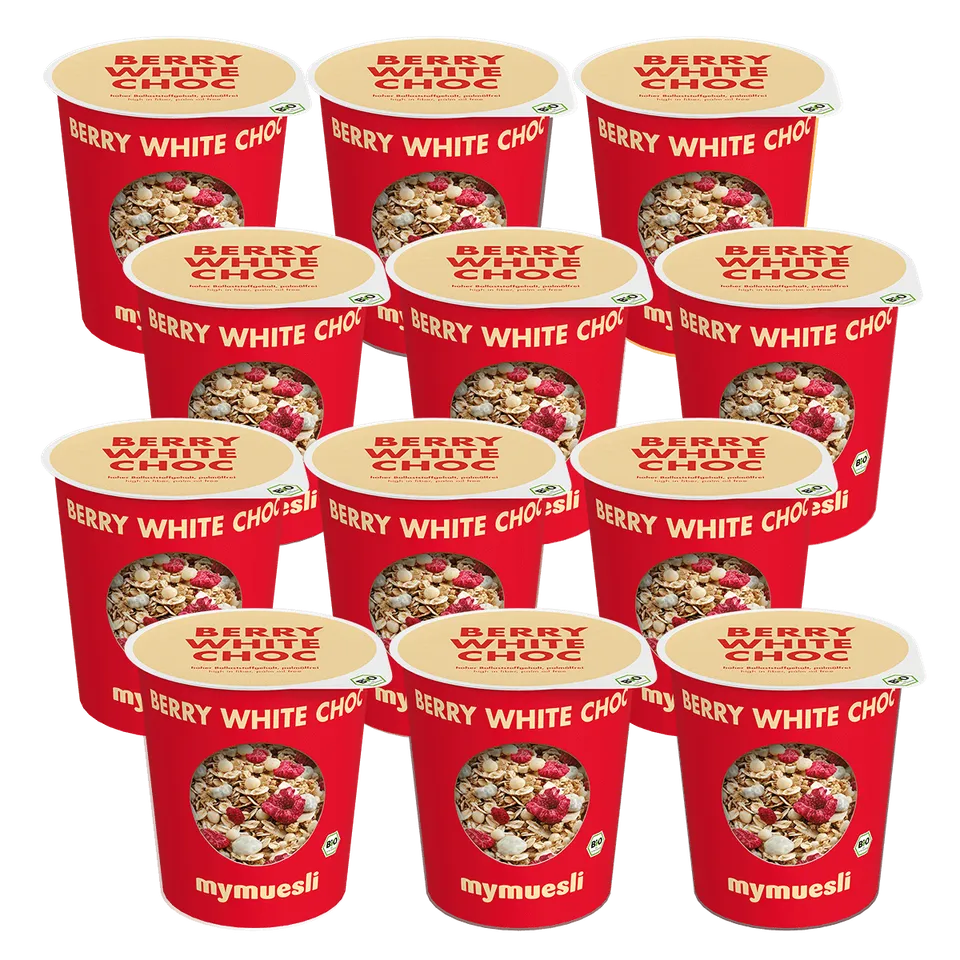 mymuesli-portionsbecher-berry-white-choc-12er-pack-bio-porridge-to-go image 1