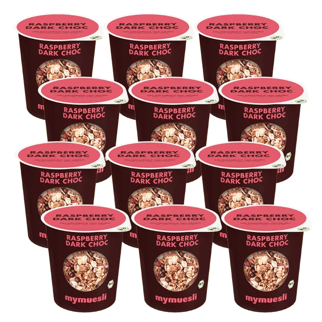mymuesli-portionsbecher-raspberry-dark-choc-12er-pack-himbeere-kakao-bio image 1