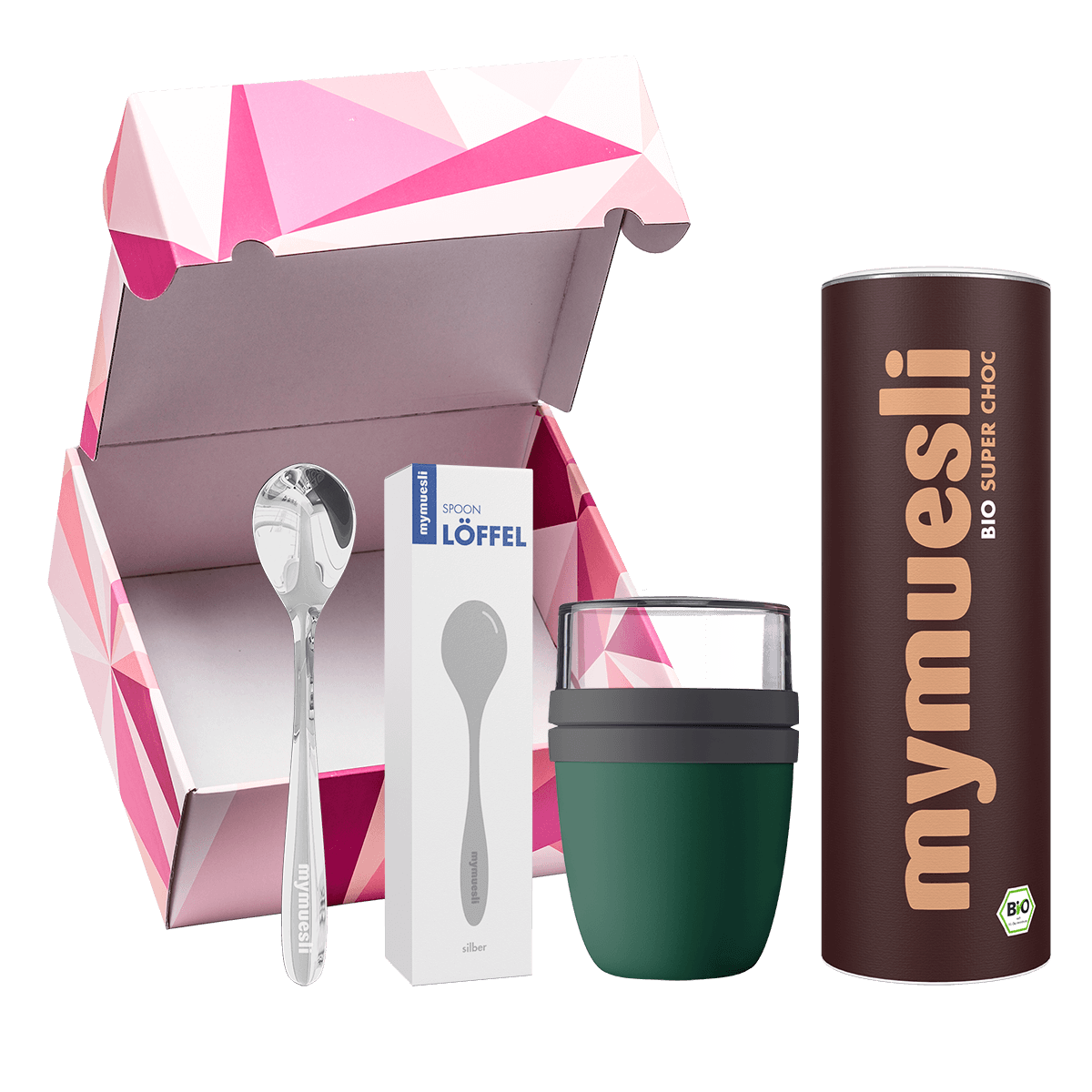 mymuesli-chocoholic-geschenkset-super-choc-m-sli-575g-to-go-becher-l-ffel image 1
