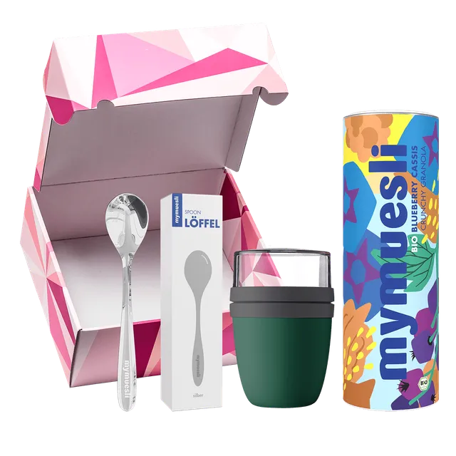 mymuesli-granola-geschenkset-blueberry-cassis-crunchy-575g-mit-becher-und-l-ffel image 1