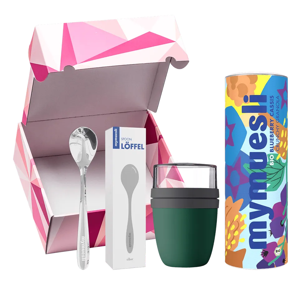 mymuesli-granola-geschenkset-blueberry-cassis-crunchy-575g-mit-becher-und-l-ffel image 1
