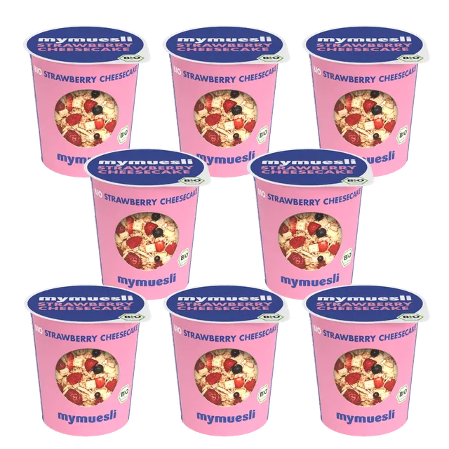 mymuesli-strawberry-cheesecake-portionsbecher-8er-pack-bio-hafer-crunchy-mit-erd image 1