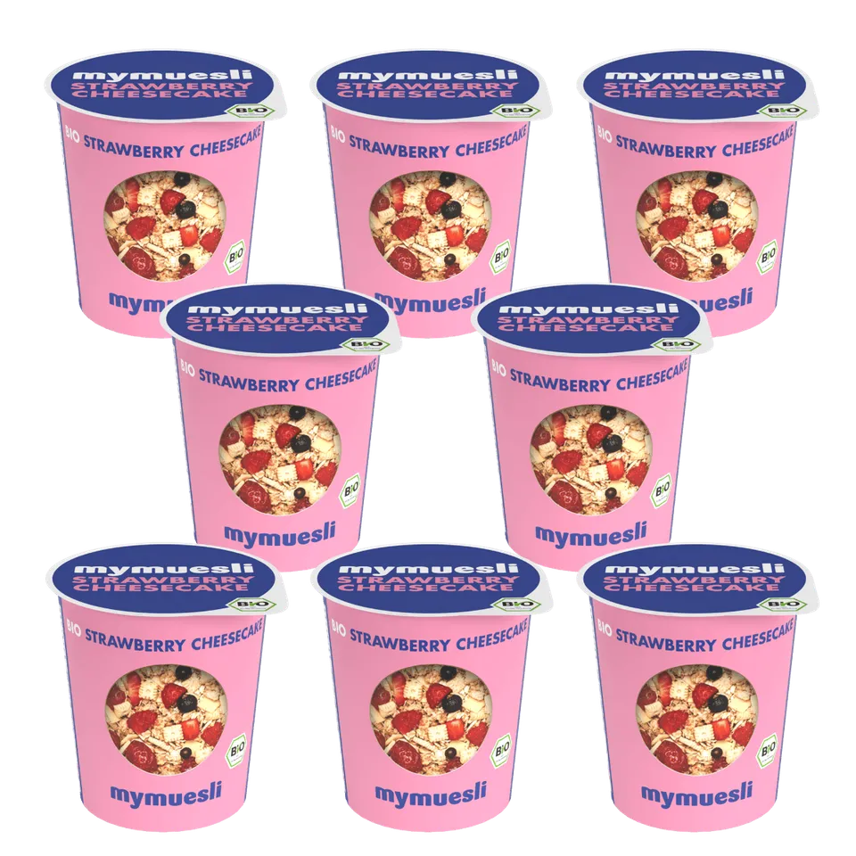 mymuesli-strawberry-cheesecake-portionsbecher-8er-pack-bio-hafer-crunchy-mit-erd image 1