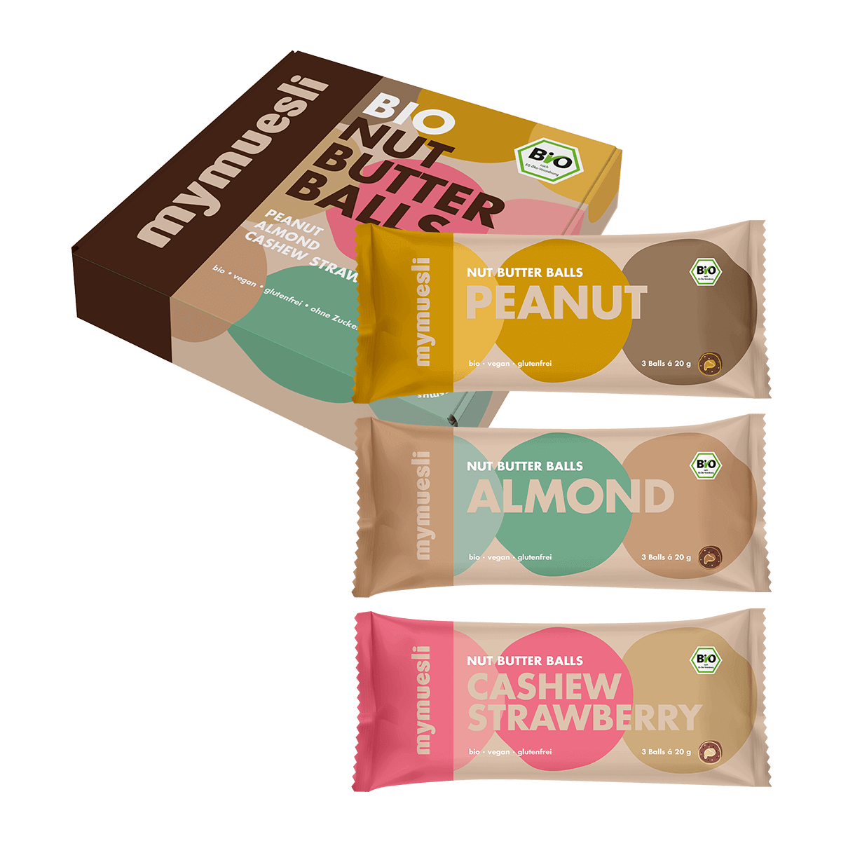 mymuesli-nut-butter-balls-3er-box-bio-erdnuss-mandel-cashew-strawberry image 1